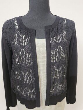 DKNY Black Crochet Open Front Cardigan Size L